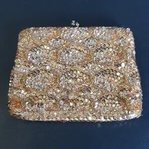 Vintage Gold Sequined Evening Kiss Lock Handbag /Clutch w/ Chain -6.5 x 5 inches